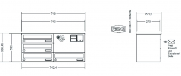 RENZ Briefkastenanlage, Aufputz, Classic Basic B, Edelstahl V4A, Kastenformat 370x110x270mm, mit Klingel - & Lichttaster und Vorbereitung Gegensprechanlage, 4-teilig